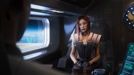 Songbird sits on an airplane seat and speaks to a character off-screen in the Cyberpunk 2077 Phantom Liberty cinematic trailer.