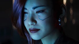 A close-up of Songbird's face in the Cyberpunk 2077 Phantom Liberty cinematic trailer.