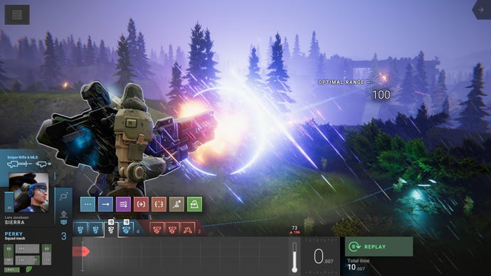 A mech fires at an enemy mech in the distance in Phantom Brigade