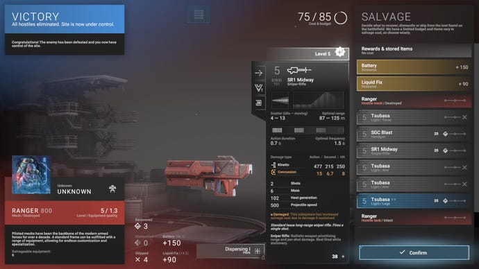 A list of equipment and resources gathered from a successful battle in Phantom Brigade