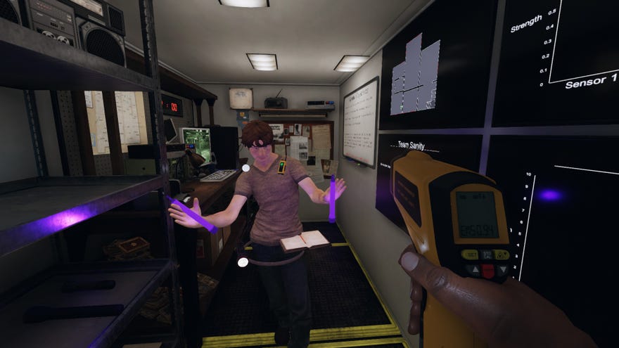 Phasmophobia - A player stands inside the truck dancing with two activated purple glowsticks while the first-person player holds up a thermometer.