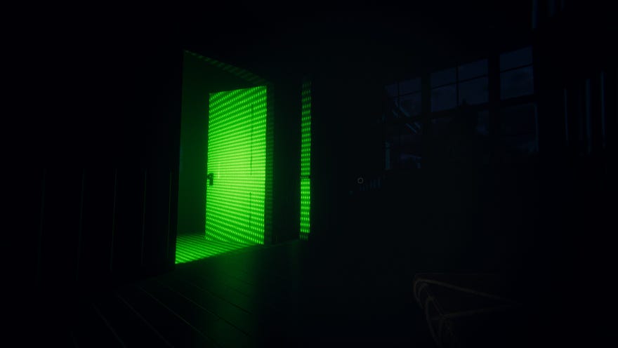 Phasmophobia - A player holds a ghost writing book while standing in a dark room and looking at an open door that has a bright green light shining on it from out of view.