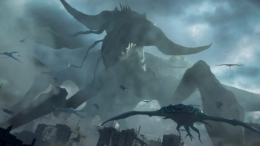 A screenshot from Phoenix Point's Festering Skies DLC, which shows an enormous monster in the sky, known as the Behemoth.