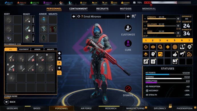 A soldier's stat and equipment screen in Phoenix Point.