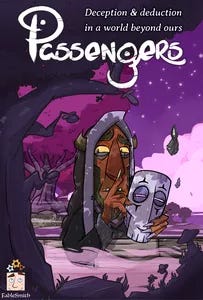 Passengers board game, purple cartoon art of person and spirit mask