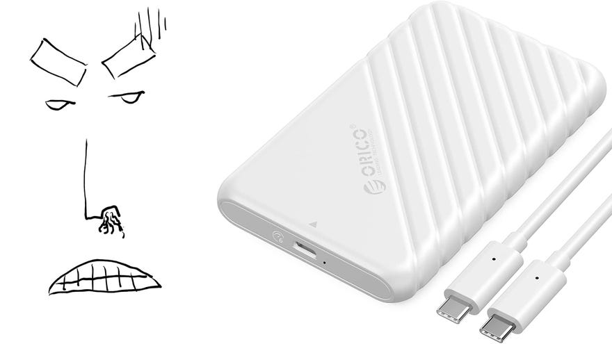 orico usb-c 2.5-inch ssd/hdd enclosure, with an unrelated face next to it to fill space