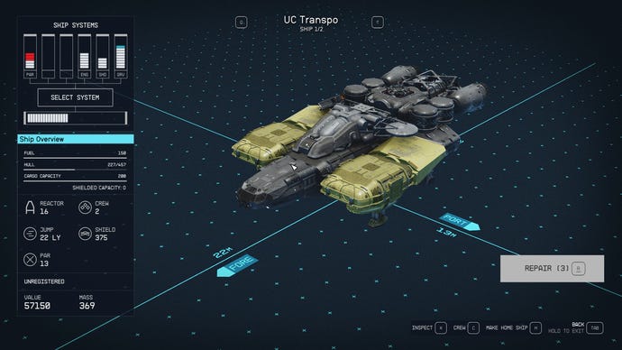 An image of a transport ship in the player's hangar menu in Starfield.
