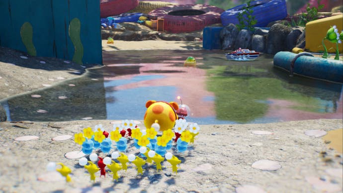 pikmin 4 nintendo screenshot yellow red ice pikmin and oatchi water face