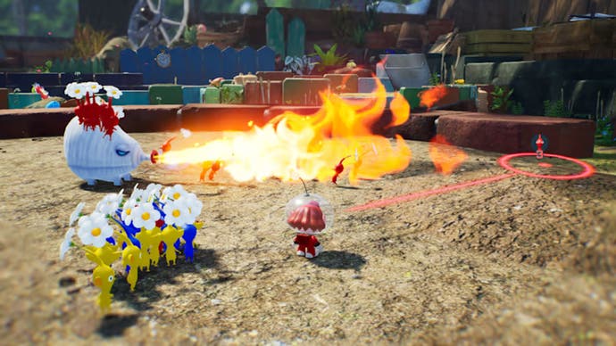 Pikmin battles with fire-breathing enemies.