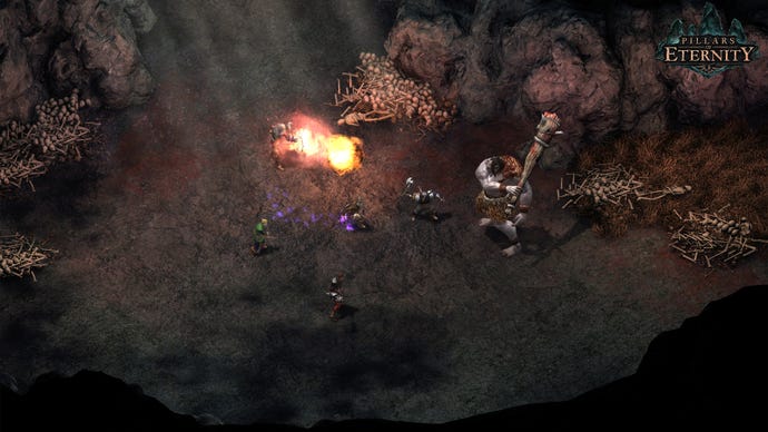 Warriors fight a large ogre in a cave filled with skeleton piles in Pillars Of Eternity