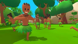 People in hula skirts dance in a forest in Pineapple On Pizza