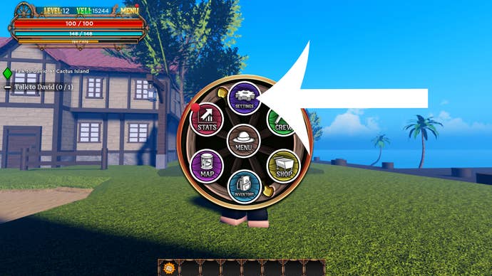 Arrow pointing at the button players need to press to access the codes screen in the Roblox game Pirate's Destiny.