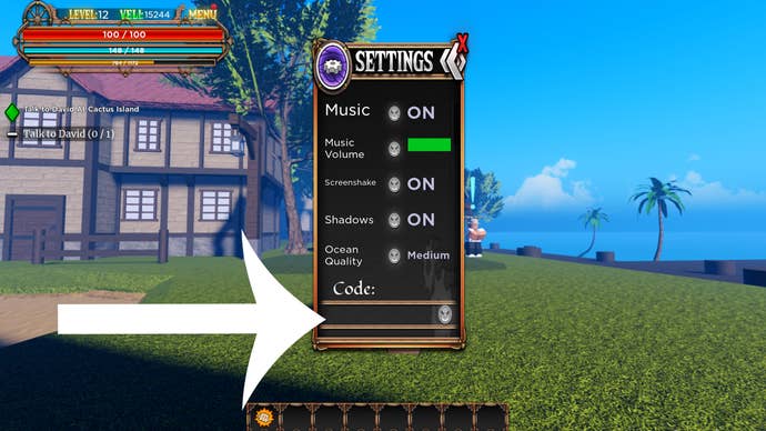 Arrow pointing at the codes screen in the Roblox game Pirate's Destiny.