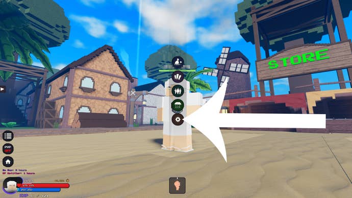 Arrow pointing at the button players need to press to bring up the Settings screen in Roblox game Pixel Piece.
