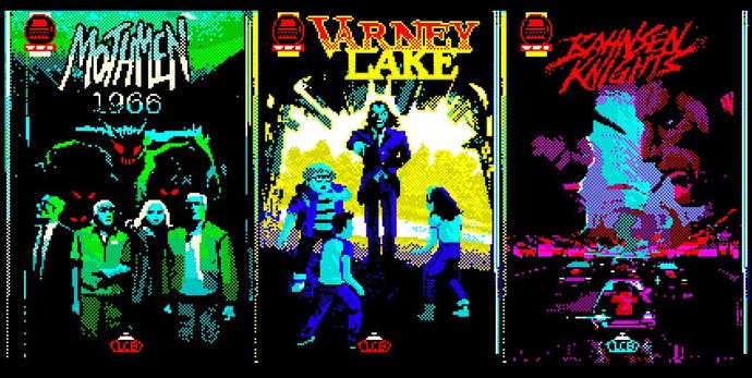 A trio of pixelated game posters for the Pixel Pulps franchise - Mothmen 1966, Varney Lake, and Bahnsen Knights.