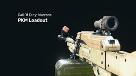 Warzone's PKM on a dark background with the caption 'Call Of Duty Warzone PKM Loadout