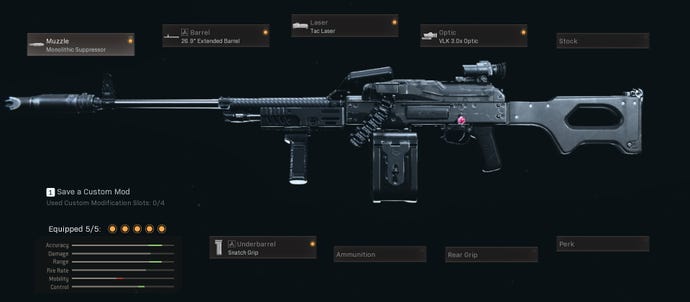 A PKM loadout with the monolithic suppressor, 26.9 inch extended barrel, tac laser, vlk 3.0x optic, and snatch grip.