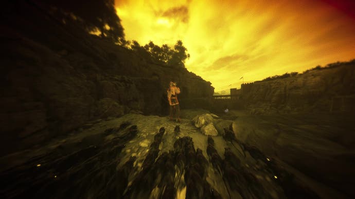 A swarm of rats approaches an unaware soldier. This is seen from the rat's view, the world dark with yellow tinges.