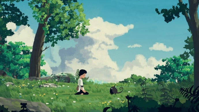 A little girl and her monkey cat sit on some grass in Planet Of Lana