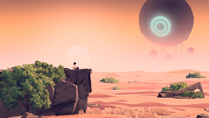 Lana and Mui sit on a desert cliff edge looking out towards a giant eyeball-shaped mothership in the distance in Planet Of Lana