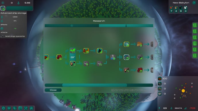 Der Forschungsbaumbildschirm im kostenlosen RTS Planet S