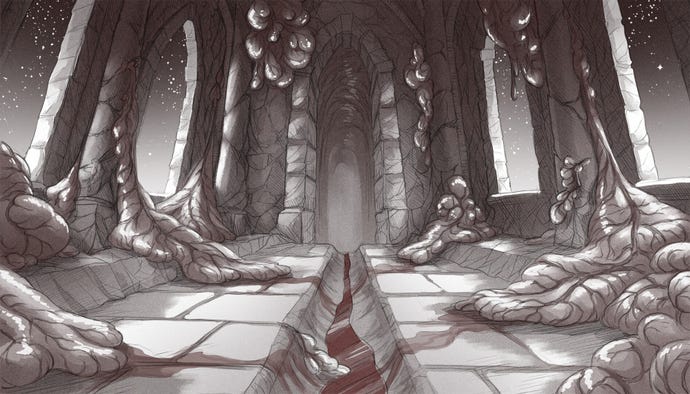 A scene in Slay The Princess showing a great hall in a castle filled with giant globs of flesh, and a drain filled with blood running down the centre of the floor