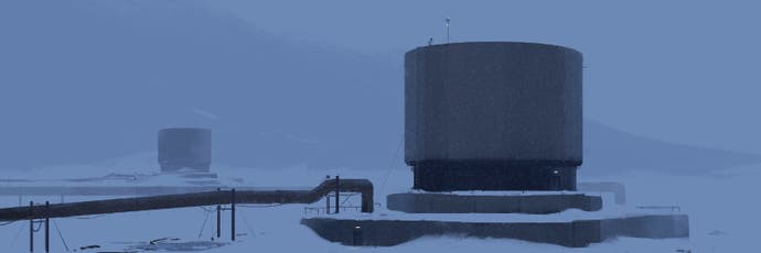 Arte conceptual para el tercer juego sin nombre de Playdead que muestra tuberías y edificios industriales que se ciernen sobre un manto de nieve.