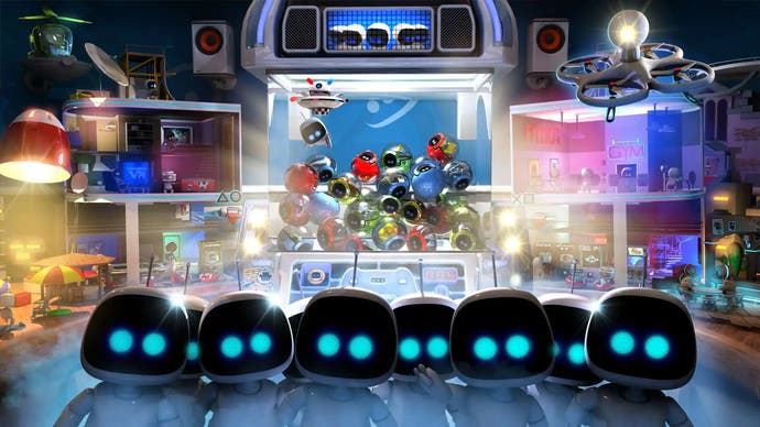 Playroom VR، دارای چندین شخصیت Astrobot در مقابل پس‌زمینه‌ای با موضوع مینی‌بازی