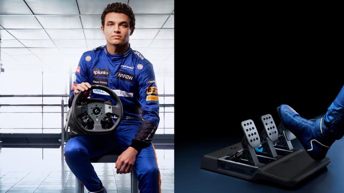 Lando Norris holds the Pro Racing Wheel and Pedals