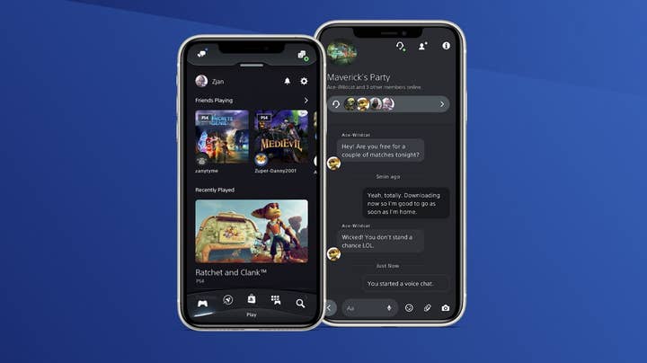 Two phones showing pictures of the official PlayStation app on their screens