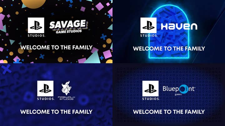 Four images Sony made to announces the acquisitions of Savage, Haven, Firewalk, and Bluepoint, each one with a 