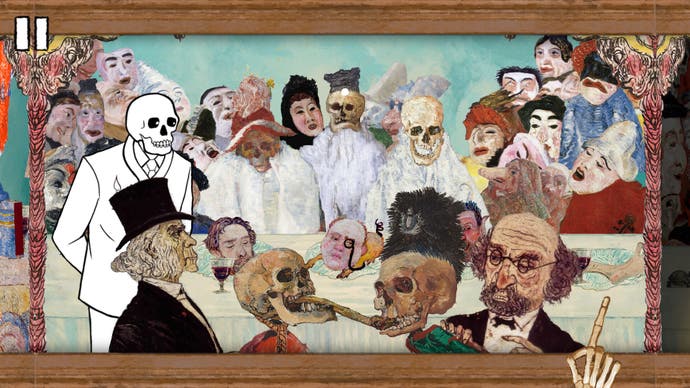 Please touch the artwork 2 screenshot showing a painting with surrealist skull-headed people around a table, with a skeletal hand pointing at it
