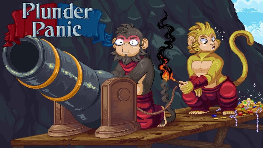 A golden monkey in red trousers lights the tail of his fellow monkey in an attempt to fire a cannon in Plunder Panic