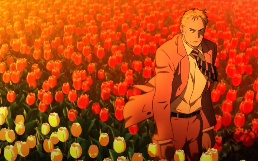 Animation still featuring Gesicht standing in a field of tulips