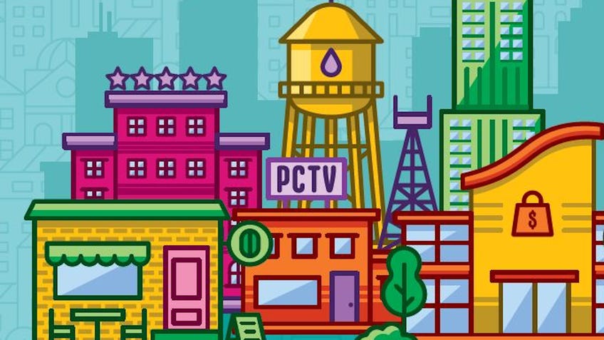 Part of the promotional artwork of Point City. Multiple boldly coloured building compose a 2D, flat cityscape, including a radio tower, water tower, bank and grocery store.