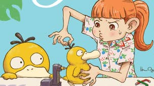 2D art of Haru, a woman with ginger hair in a ponytail, positioning a stop-motion Psyduck puppet, as an actual Psyduck looks on.