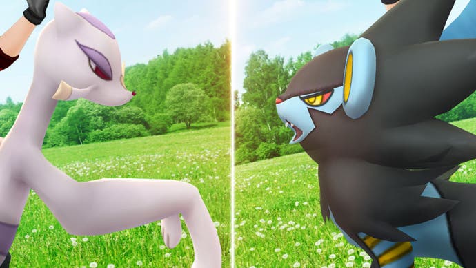 Mienshao smerujúci proti Luxray v Pokémon Go