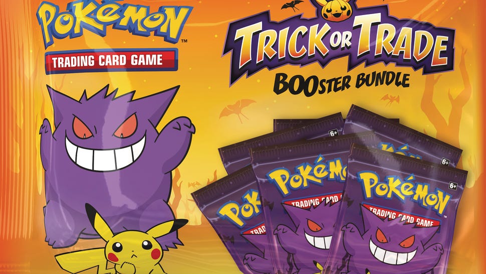 The packaging for the Pokémon Halloween Trick or Trade Boosters, with Gengar and Pikachu on the front. It's basically a bag of candy.