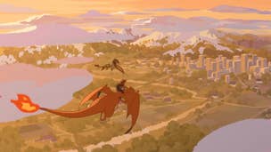 A person riding a Charizard, and another person riding a Flygon, flying above a wooded landscape, approaching a city.