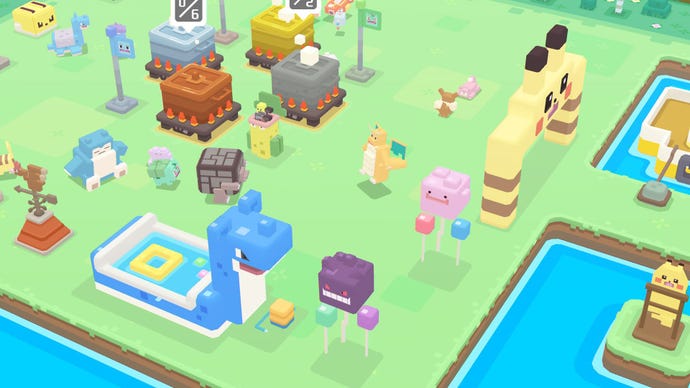 A splash of Pokémon Quest, which shows a bunch of blocky Pokémon chilling in a colourful campsite.