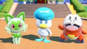 The Pokémon starters in Scarlet and Violet video game - Sprigatito, Quaxly and Fuecoco.