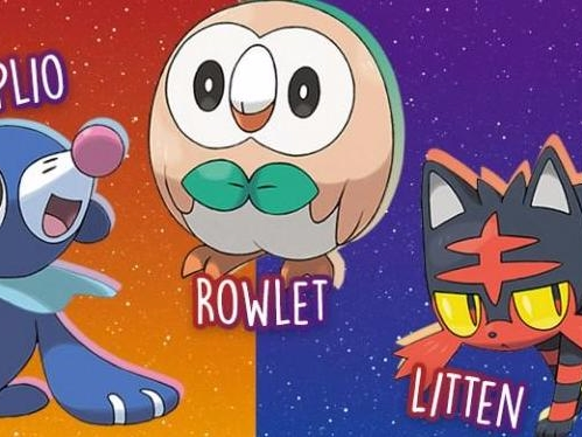 Vertical poster with the Alola Starters (Rowlet, Litten, Poplio