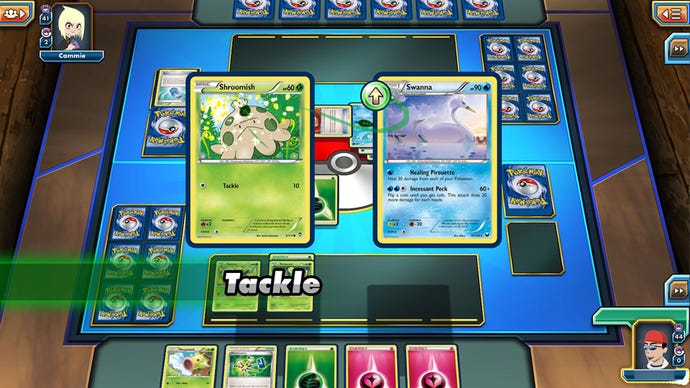 A card battle in Pokemon TCG Online - in this case, a Shroomish card vs a Swanna