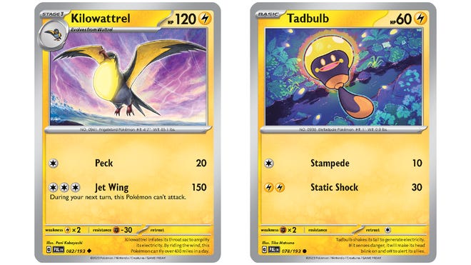 Pokémon TCG: Scarlet & Violet - Paldea Evolved Kilowattrel and Tadbulb cards.