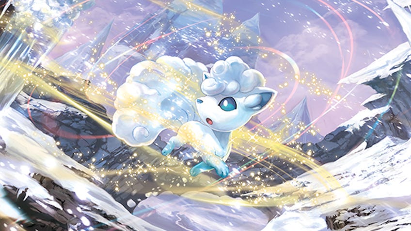 An Alolan Vulpix is caught out in a snow storm, along with some weird glowing sparkles.