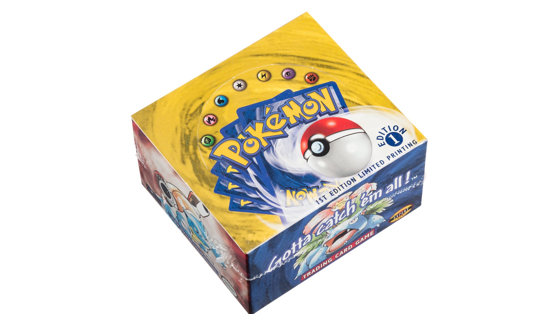 Sealed box of first-edition Pokémon card game boosters goes on