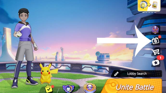 The main lobby screen of mobile game Pokemon Unite with an arrow pointing at the button players need to press to redeem a code.