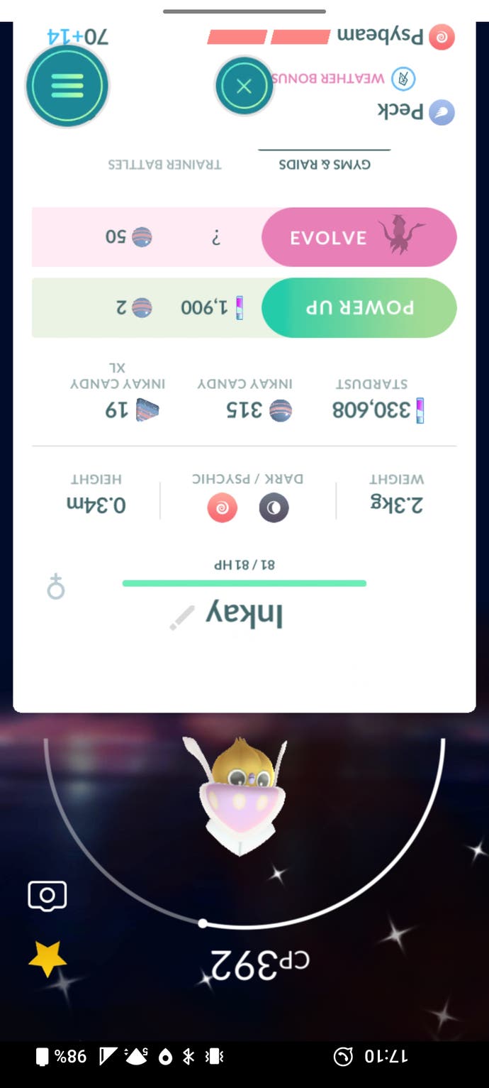 Inkay Pokémon Go screen when your phone is upside down