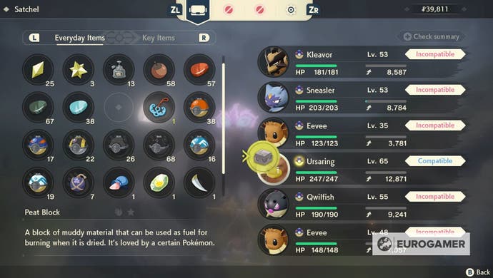 A screenshot of the inventory screen in Pokémon Legends: Arceus as the player is about to use a Peat Block on an Ursaring.