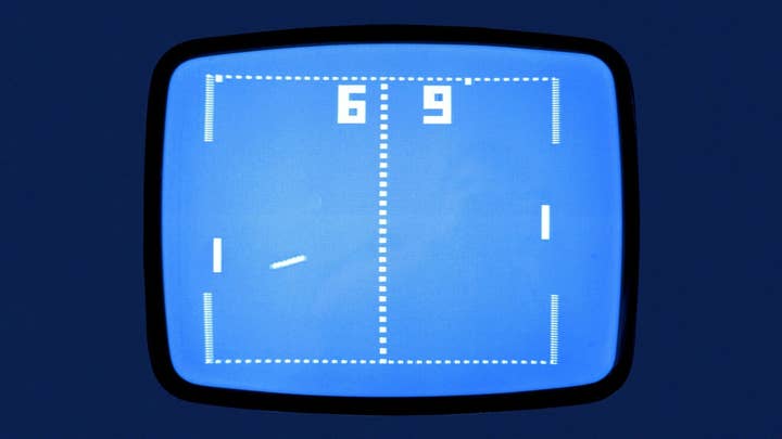 Screenshot of Atari's Pong, with a ball streaking toward a paddle on the left side of the screen. The score is 6-9.